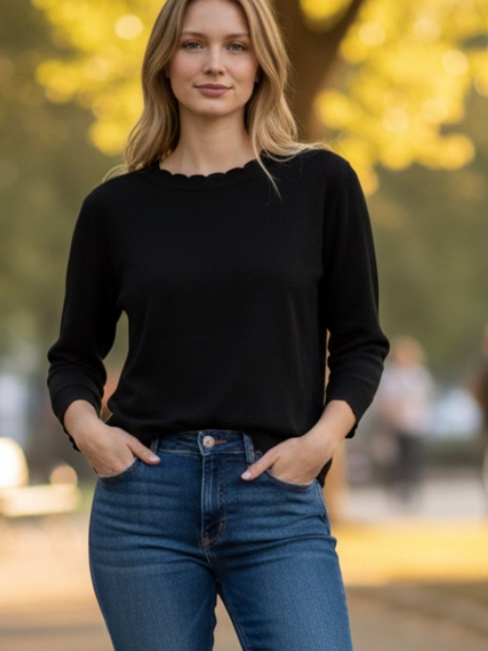 Joseph A Black Scalloped Neck Crewneck Sweater